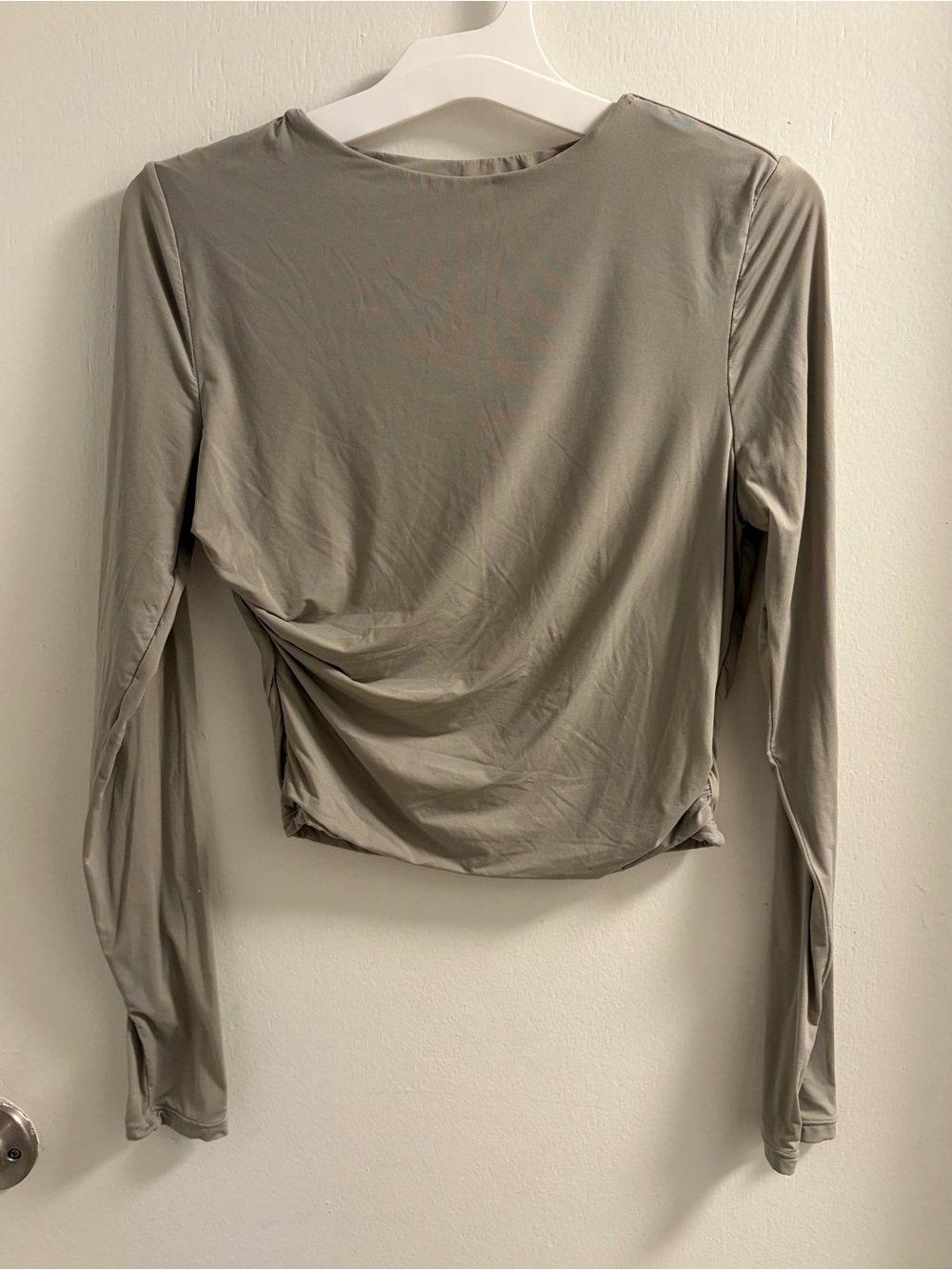 REORIA Sage Green Asymmetric Ruched Side Knot Long Sleeve Crop Top S